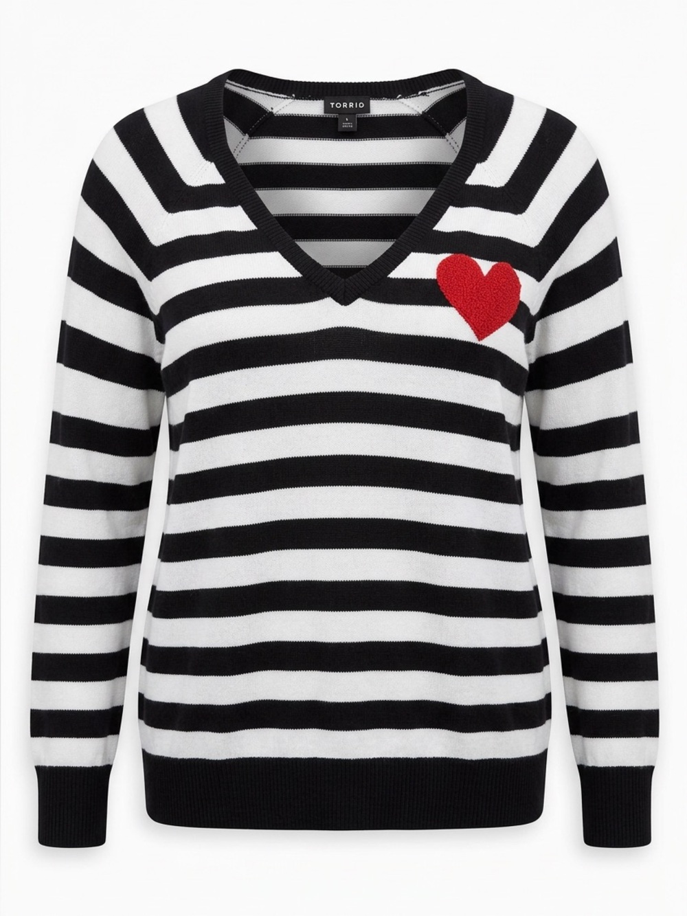 torrid Black & White Striped V-Neck Sweater with Red Heart Patch